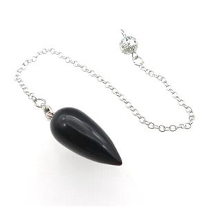 Black Obsidian Pendulum Pendant With Alloy Chain Platinum Plated, approx 14-30mm, 8mm, 16cm length
