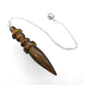 Tiger Eye Stone Pendulum Pendant With Alloy Chain Platinum Plated, approx 14-65mm, 8mm, 16cm length
