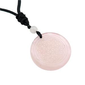 Pink Rose Quartz Circle Necklace Flower Of Life Black Nylon Rope Cord, approx 30mm