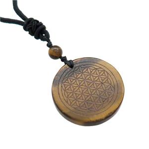 Tiger Eye Stone Circle Necklace Flower Of Life Black Nylon Rope Cord, approx 30mm