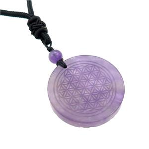 Purple Amethyst Circle Necklace Flower Of Life Black Nylon Rope Cord, approx 30mm