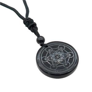 Black Obsidian Circle Chakra Necklace Carved Black Nylon Rope Cord, approx 30mm