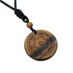 Tiger Eye Stone Circle Chakra Necklace Black Nylon Rope Cord, approx 30mm