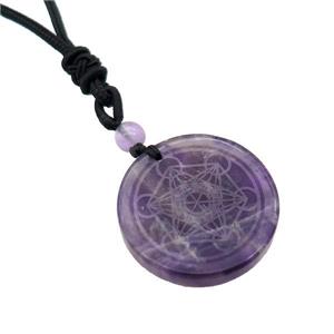 Purple Amethyst Circle Chakra Necklace Black Nylon Rope Cord, approx 30mm