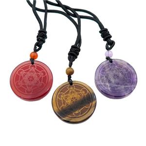 Gemstone Circle Chakra Necklace Carved Black Nylon Rope Cord Mixed, approx 30mm