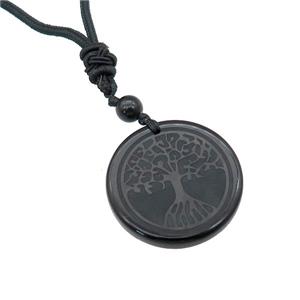 Black Obsidian Circle Necklace Tree Of Life Carved Black Nylon Rope Cord, approx 30mm