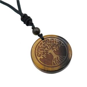 Tiger Eye Stone Circle Necklace Tree Of Life Black Nylon Rope Cord, approx 30mm