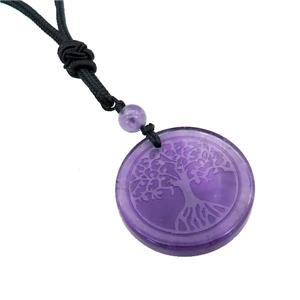 Purple Amethyst Circle Necklace Tree Of Life Black Nylon Rope Cord, approx 30mm