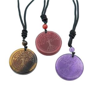Gemstone Circle Necklace Tree Of Life Carved Black Nylon Rope Cord Mixed, approx 30mm