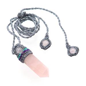 Pink Rose Quartz Prism Necklace Gray Fabric Rope Cord, approx 12-50mm