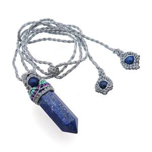 Blue Lapis Lazuli Prism Necklace Gray Fabric Rope Cord, approx 12-50mm