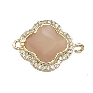 Peach Sunstone Clover Connector Pave Zircon Gold Plated, approx 17mm