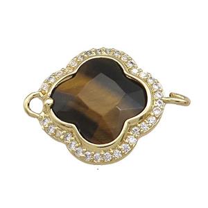 Tiger Eye Stone Clover Connector Pave Zircon Gold Plated, approx 17mm