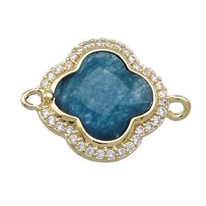 Jade Clover Connector Pave Zircon Teal Dye Gold Plated, approx 17mm