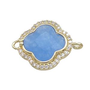 Jade Clover Connector Pave Zircon Blue Dye Gold Plated, approx 17mm