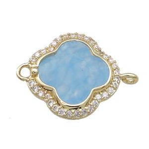 Jade Clover Connector Pave Zircon Blue Dye Gold Plated, approx 17mm