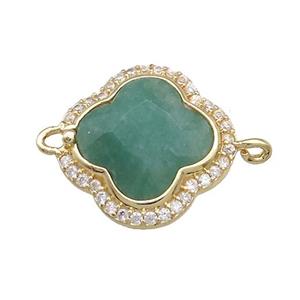 Jade Clover Connector Pave Zircon Green Dye Gold Plated, approx 17mm