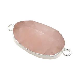 Pink Rose Quartz Oval Connector Pointed Silver Plated, approx 20-35mm