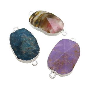 Mix Gemstone Oval Connector Pointed Silver Plated, approx 20-35mm