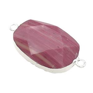 Pink Wood Lace Jasper Oval Connector Faceted Silver Plated, approx 20-35mm