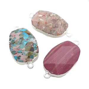 Mixed Gemstone Oval Connector Faceted Silver Plated, approx 20-35mm