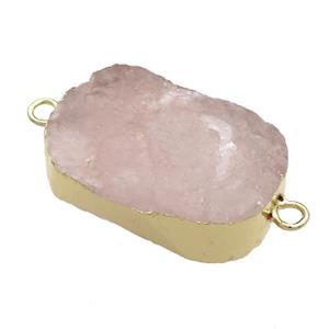 Pink Rose Quartz Oval Connector Rough Gold Plated, approx 20-35mm