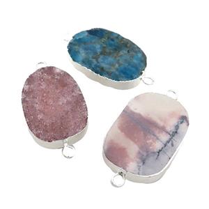 Mixed Gemstone Oval Connector Flat Silver Plated, approx 20-35mm