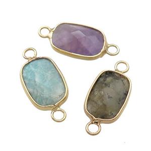 Mixed Gemstone Rectangle Connector Faceted Gold Plated, approx 11-18mm