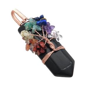 Black Obsidian Bullet Pendant With Chakra Gemstone Chips Tree Of Life Wire Wrapped Rose Gold, approx 20-75mm