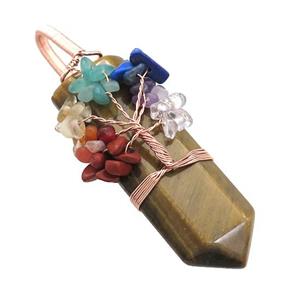 Natural Tiger Eye Stone Bullet Pendant With Chakra Gemstone Chips Tree Of Life Wire Wrapped Rose Gol, approx 20-75mm