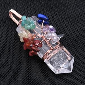 Natural Clear Quartz Bullet Pendant With Chakra Gemstone Chips Tree Of Life Wire Wrapped Rose Gold, approx 20-75mm