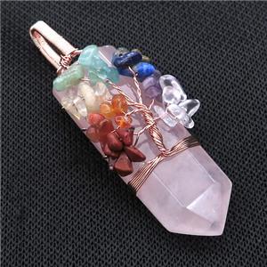 Natural Pink Rose Quartz Bullet Pendant With Chakra Gemstone Chips Tree Of Life Wire Wrapped Rose Go, approx 20-75mm
