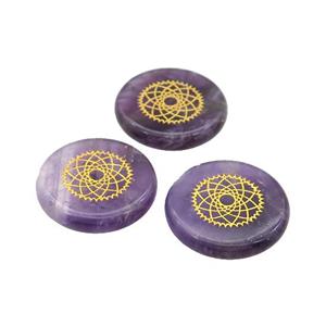 Natural Purple Amethyst Coin Beads Undrilled Yoga Chakra Element Symbols, approx 25mm