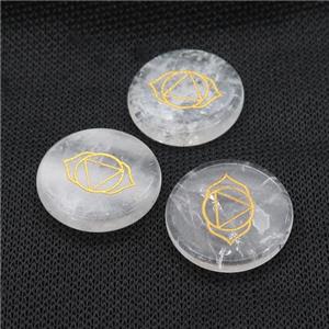 Natural Clear Quartz Coin Beads Undrilled Yoga Chakra Element Symbols, approx 25mm