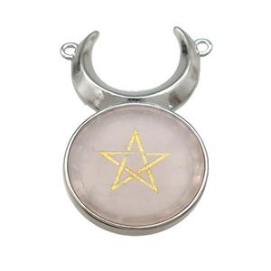 Pink Rose Quartz Coin Star Symbols Alloy Moon Pendant Platinum Plated, approx 25mm, 50mm