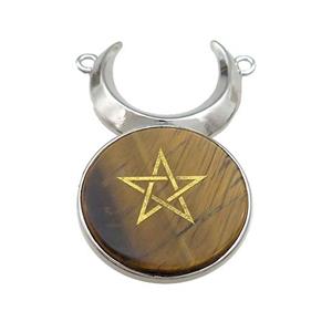 Tiger Eye Stone Coin Star Symbols Alloy Moon Pendant Platinum Plated, approx 25mm, 50mm