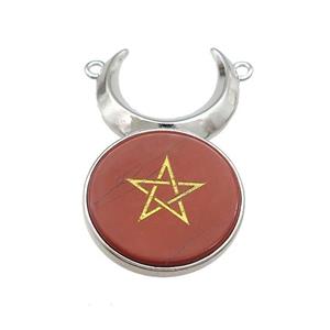 Red Jasper Coin Star Symbols Alloy Moon Pendant Platinum Plated, approx 25mm, 50mm