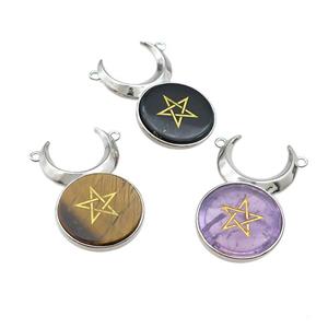 Mix Gemstone Coin Star Symbols Chakra Alloy Moon Pendant Platinum Plated, approx 25mm, 50mm