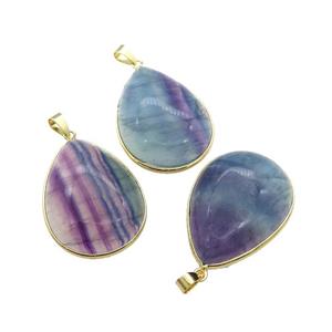 Natural Fluorite Teardrop Pendant Multicolor Gold Plated, approx 25-35mm