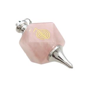 Natural Pink Rose Quartz Dowsing Pendulum Polygon Alloy Platinum Plated, approx 20mm, 50mm