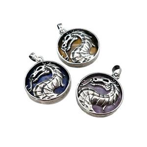 Alloy Zinc Dragon Pendant With Gemstone Antique Silver Mixed, approx 28mm
