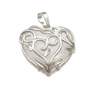Natural Clear Quartz Heart Pendant Alloy Flower Wrapped Platinum Plated, approx 27mm
