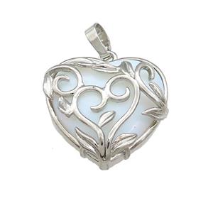 White Opalite Heart Pendant Alloy Flower Wrapped Platinum Plated, approx 27mm