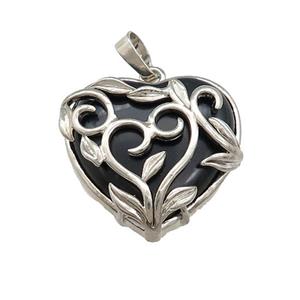 Black Obsidian Heart Pendant Alloy Flower Wrapped Platinum Plated, approx 27mm