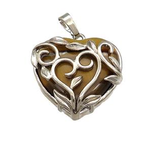 Natural Tiger Eye Stone Heart Pendant Alloy Flower Wrapped Platinum Plated, approx 27mm