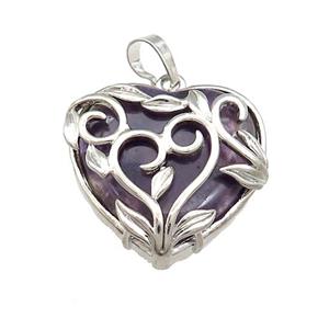 Natural Purple Amethyst Heart Pendant Alloy Flower Wrapped Platinum Plated, approx 27mm