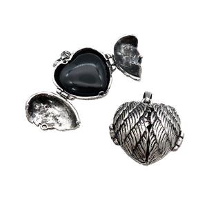 Zinc Alloy Heart Wish Box Locket With Black Obsidian Antique Silver, approx 26mm