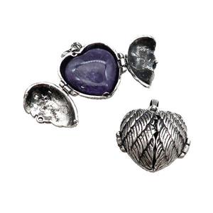 Zinc Alloy Heart Wish Box Locket With Purple Amethyst Antique Silver, approx 26mm