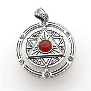 Zinc Alloy David Star Pendant Pave Red Agate Circle Antique Silver, approx 38mm