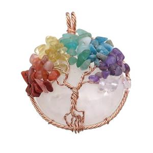 Natural Clear Quartz Coin Pendant With Chakra Gemstone Tree Of Life Wire Wrapped Rose Gold, approx 45mm